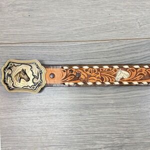 Kids Western Tooled Leather Belt Horse Head Buckle Stallions 154 Size 30 Gold